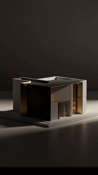 A dark architectural model of a house with brass details on a studio table