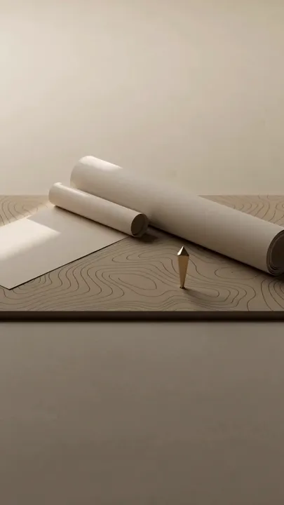 Rolled drawings and a brass plumb bob resting on a contour map