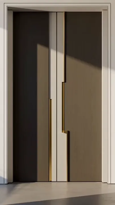A tall dark front door with a brass inlay, set in a pale wall